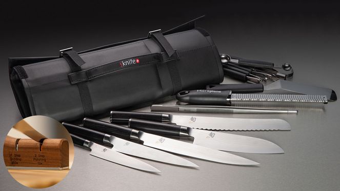 
                    Knife bag Shun with Kain Shun knives, sknife knife sharpener and kitchen utensils