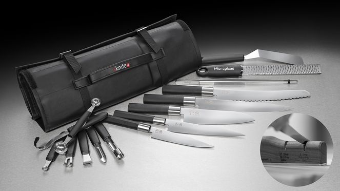 
                    Knife bag apprentice with Wasabi knives, sknife knife sharpener and kitchen utensils