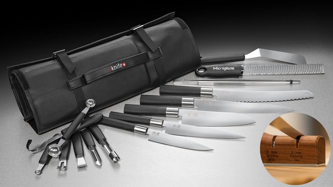 
                    Knife bag apprentice with Wasabi knives, sknife knife sharpener and kitchen utensils